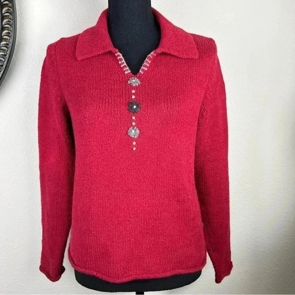 Woolrich Ruby Burnt Red Rolled Hem Sleeves V-Neck Collared Sweater Small - Picture 1 of 15